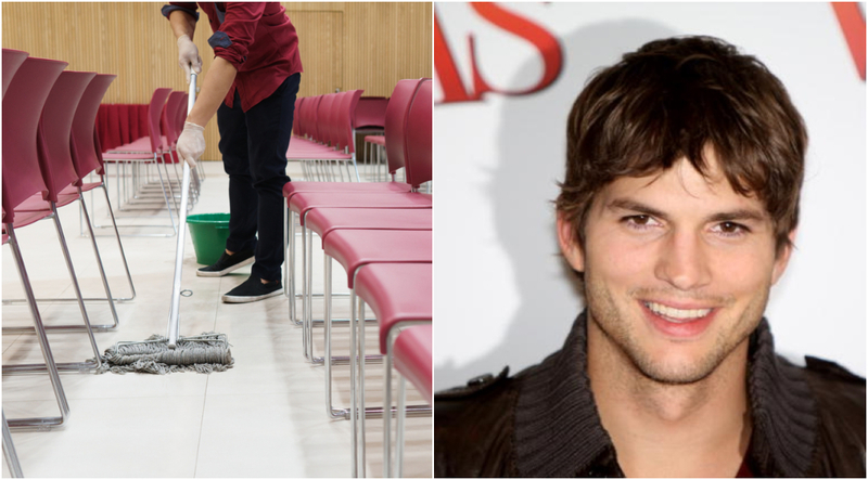 Ashton Kutcher: Janitor | Shutterstock & Getty Images Photo by Dave Hogan