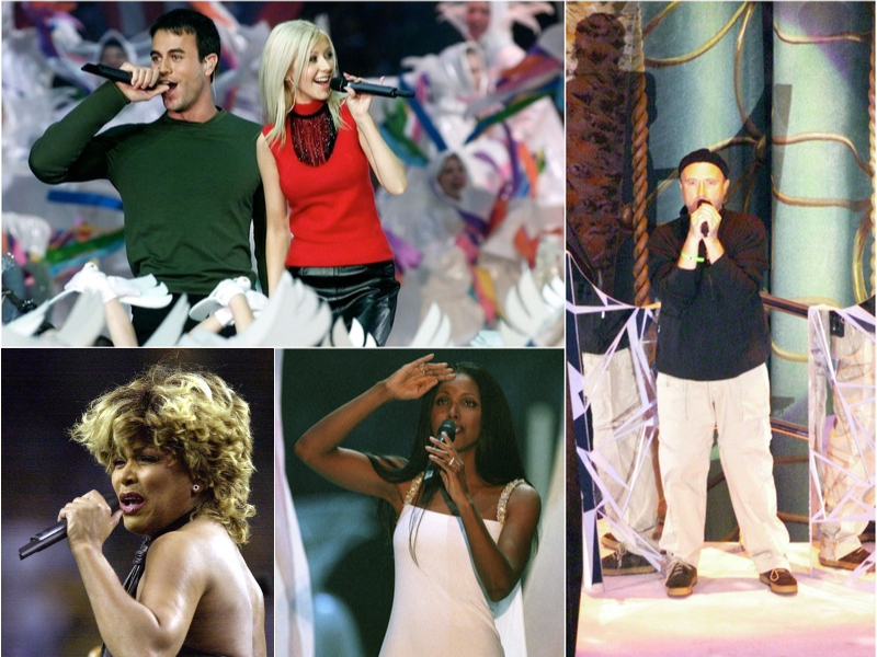 Worst: Christina Aguilera, Phil Collins, Enrique Iglesias, Toni Braxton, and Tina Turner, 2000 | Getty Images Photo by JEFF HAYNES/AFP & Allen Kee & Brian Bahr & Alamy Stock Photo by Patrick Schneider/Charlotte Observer/TNS/Alamy Live News